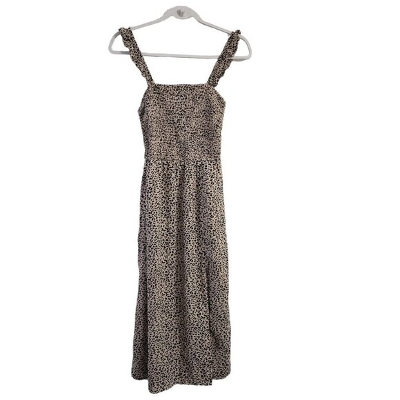 Abercrombie & Fitch Midi Dress Small Smocked‎ Leopard Print Ruffled Slit Boho - Picture 2 of 11